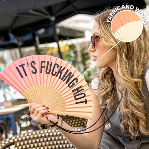 Fisura – Original gradient folding fan with message F*cking hot, wooden handheld fan for women, includes fan hanger, perfect for wedding, party, travel or gift - color: Hot, Gradient