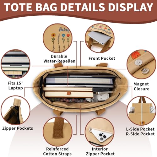 25 PCS Bible Study Supplies Kit, Large Capacity Canvas Tote Bag for Women Organizer, Bible Highlighters and Quick Dry Pens No Bleed Through Tabs, Christmas Christian Gifts for Women Mom Friends - color: Khaki