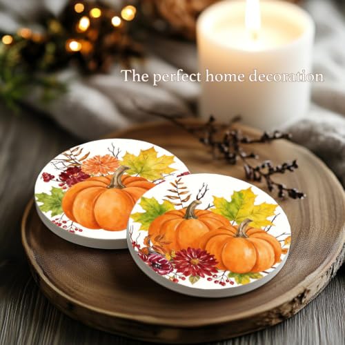 Nikyi 6 Pcs Fall Orange Pumpkin Ceramic Absorbent Coasters, Round Drink Coaster with Metal Holder and Cork Base, for Coffee Table Kitchen Bedroom Living Office Autumn Home Decor or Gifts - color: Fall Orange Pumpkin