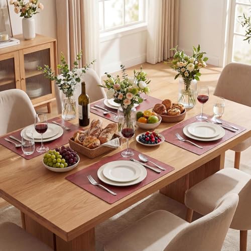 Artoid Mode Red Faux Leather Placemats Set of 6, 12x18 Inch Waterproof Wipeable Heat Resistant Vinyl Place Mats, Reversible Table Mats for Christmas Kitchen Dining Decor - color: Red, size: 12" x 18", Rectangular Set of 6