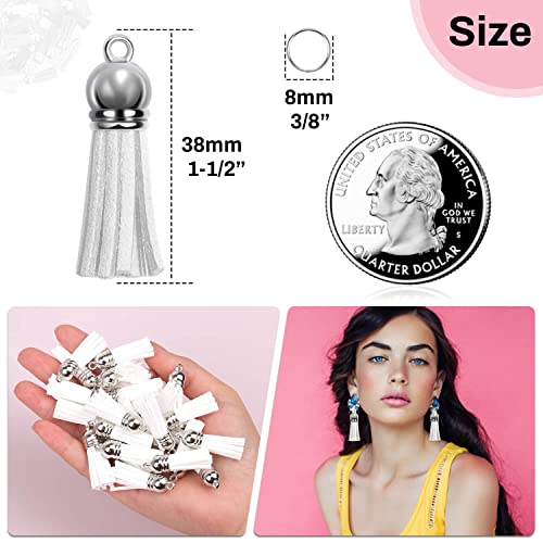 Keychain Tassels Bulk, Paxcoo Small Tassels for Jewelry Making, 50pcs Leather Tassel Keychain Charms with 50pcs Jump Rings for DIY Key Chain Craft - color: White