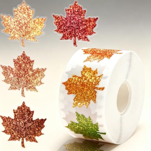 Glitter Maple Leaf Stickers Roll, Autumn Self Adhesive Decorative Labels - style: Maple Leaf