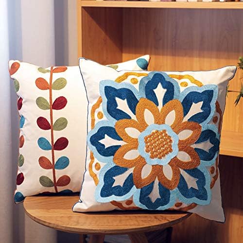 Boho Embroidery Cushion Covers 18x18 Set of 2- Floral Cotton Throw Pillow Covers for Farmhouse Decor, Decorative Outdoor Throw Pillows for Couch Sofa Livingroom Yellow & Orange - color: Sunflower and Leaf