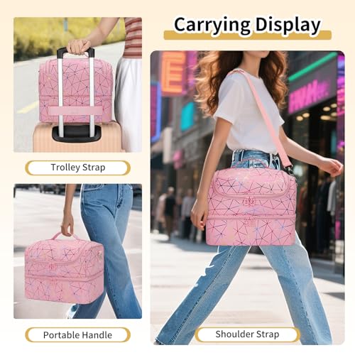 CUBETASTIC Nail Polish Organizer Bag, Double Layer Nail Tech Travel Case Holds 45 Bottles & Full-Size Lamp, Portable Manicure Storage Box for Nail Supplies, Tools & Dip Powder - Pink - color: Triangle Pink, size: 45 Slots