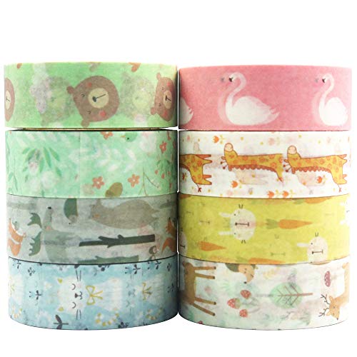 YUBBAEX Little Zoo Washi Tape Set, 8 Rolls Animals Decorative Masking Tapes for Journal,Scrapbook, Planner, DIY Crafts
