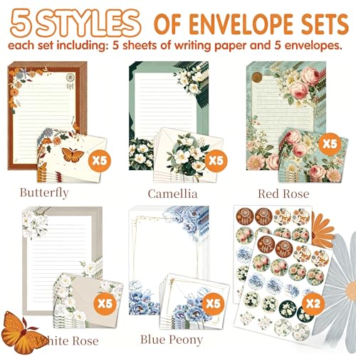 Vintage Rose Stationery Set, 5 Styles Letter Kit with 25 Envelopes, 25 Lined Paper, 2 Sheets Stickers (40pcs), Floral Stationery for Pen Pal, Invitations, 90 Pcs Total - style: Rose Set