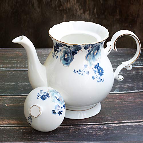 European Style Ceramic Flower Teapot Coffee Pot Water Pot Porcelain Gift Large 5.5 Cups (1, Blue and White) - color: Blue and White