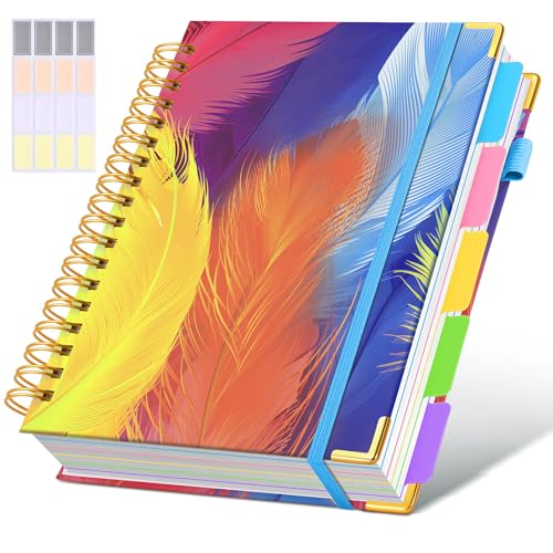 Hardcover Spiral Notebook journal with Removable Dividers Tabs, 300 Pages 5 Subject Notebook College Ruled, 100GMS Notebooks for Work School Note taking,Lined Journal for Women,Colorful Feather - color: Colorful Feather, size: 8"x10"