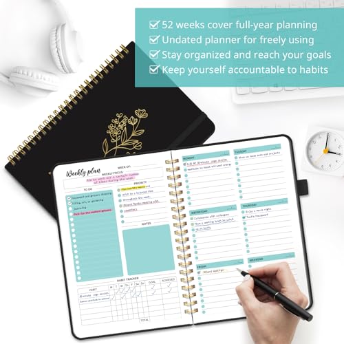 Taja Undated Weekly Planner, To Do List Notebook with Habit Tracker, A5 - color: d.Black