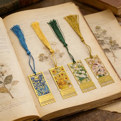 4 Pack Metal Bookmarks with Tassel, Oil Painting Style Decorative Bookmarks, Reading Page Markers for Book Lovers, Readers, Writers, Students, Adults, Men & Women - style: 4Pcs Letter