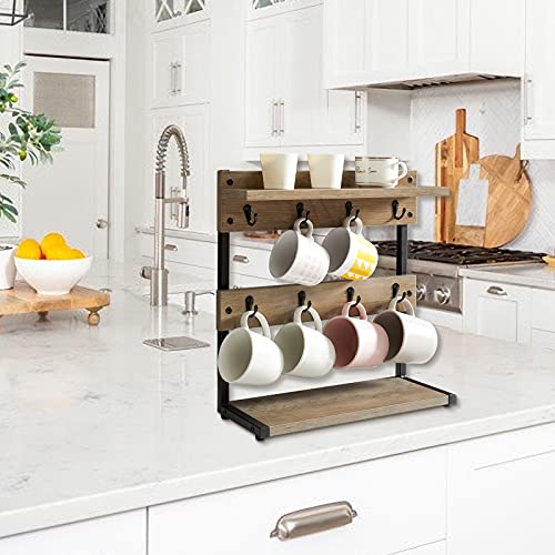 IBUYKE Countertop Mug Tree,Coffee Mug Cup Holder,Greige TBJ002Y - color: Greige, size: with shelf(8 Mugs)
