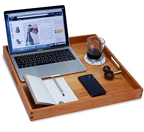 19"x 19" Large Cherry Wood Square Ottoman Serving Tray with Handles - color: Cherry Wood