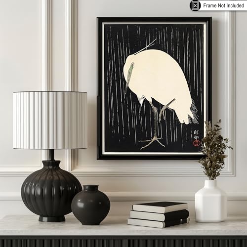 Poster Master Heron Standing in the Rain Poster - White Heron Print - Bird Art - Japanese Art - Gift for Men, Women & Animal Lover - Decor for Living Room, Bedroom or Office - 8x10 UNFRAMED Wall Art - color: Style-06, size: 8"L x 10"W
