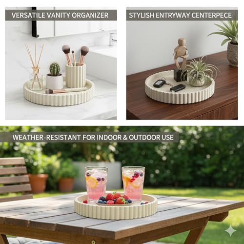 Round Solid Concrete Tray, Fluted Centerpiece for Coffee Table Decor 13" - color: Cream