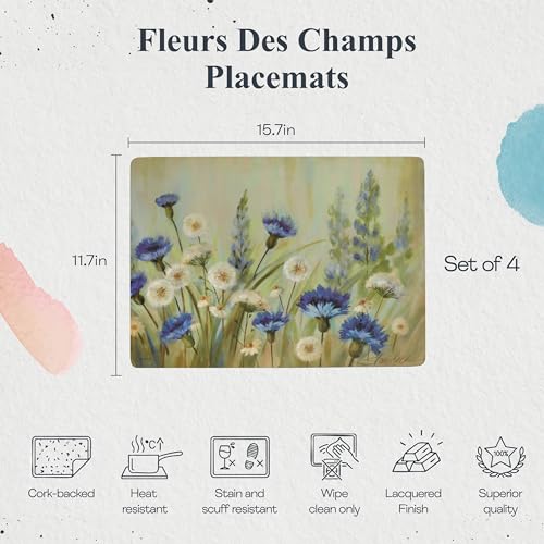 Pimpernel Fleurs des Champs Collection Placemat Set – (15.7" x 11.7") Cork-Backed Table Mats with Blue & White Cornflower Pattern, Heat & Stain Resistant with Lacquered Finish, Decorative Dining - size: 15.7" x 11.7" Rectangular, style: Fleur Des Champs