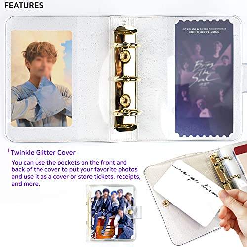 twinkle glitter mini photocard ring binder album/Compatible with 2x3 Photos of Fujifilm Instax Mini Cameras, Collecting Kpop Photo Cards and Name Cards (binder+10sheets+zipper bag)/Pack of 2