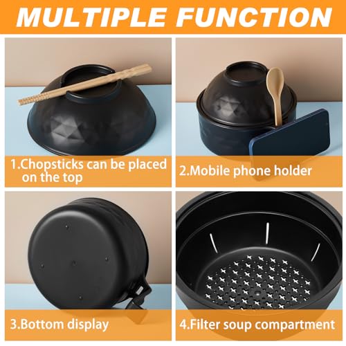 6 Pcs Microwave Ramen Cooker Set 40oz Bowl, Black - color: Black