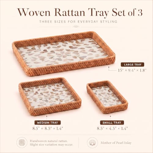 Handwoven Rattan Tray Set of 3 with Mother of Pearl Pink Petal Inlay - color: Pink Petal