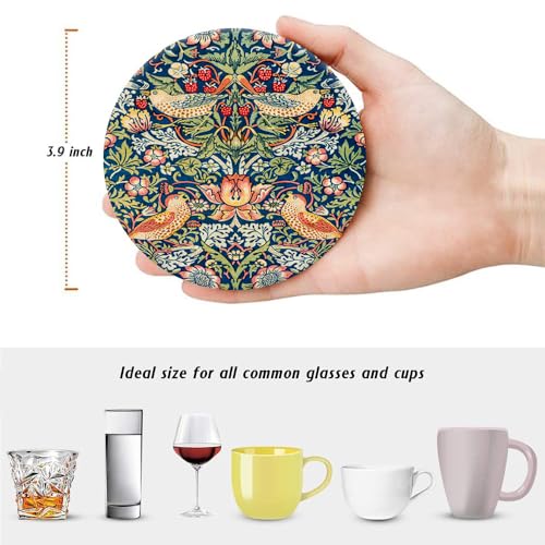 Drink Coasters for Drinks Set of 6, Vintage Art Nouveau Floral Pattern Absorbent Round Ceramic Stone Mat Coaster, with Cork Base and Metal Holder, Home Bar Decor House Warming Gift - color: Multicolor
