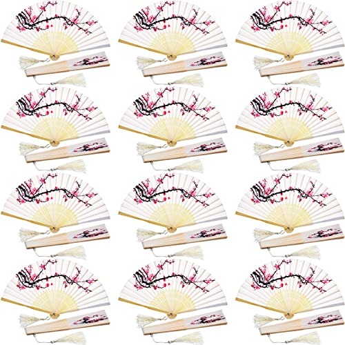 Chuangdi 12 Pcs Folding Hand Fans for Line Silk Dancing Fan, Cherry - style: Cherry