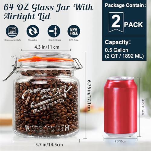 Half Gallon Mason Jar with Hinged Lid, 64 Oz Glass Jar, 2 Pack - color: 64oz-Round-2 Pack-Hinged Lid