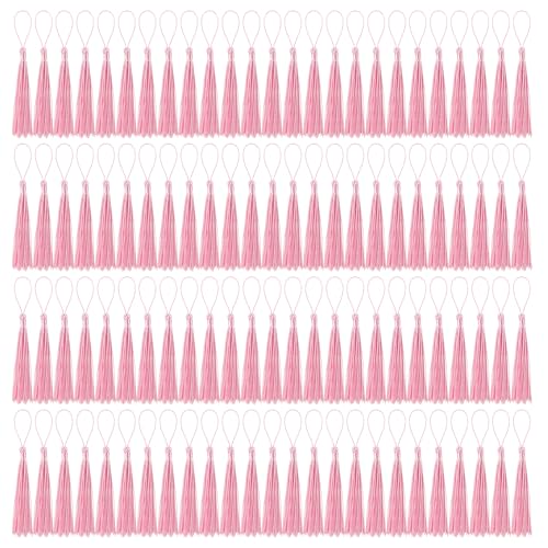 100 Pcs Bookmark Tassels Bulk Pink Soft Craft Silky Handmade Mini Tassels for Jewelry Making with Loops for DIY Craft Accessory Dress Decoration - color: Pink