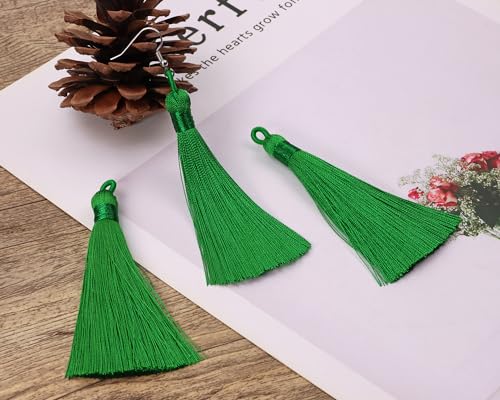 Tupalizy 10PCS Handmade Soft Silky Tassels with Hanging Loop for Bookmarks Keychains Earring Bracelets Jewelry Making Souvenir Graduation Clothing Sewing Gift Tag Art DIY Craft Projects (Green) - color: Green
