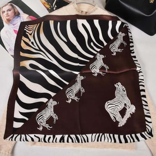 Women 100% Mulberry Silk Neck Scarf 21" Square Floral Neckerchief - color: Coffee+zabra Print
