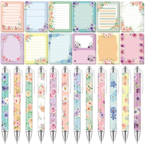 Dispowreath 24 Pcs Floral Sticky Notes with Pens Flowers Christmas Cute Gifts Notepads Memo Notes Pads Self Adhesive Black Ink Ballpoint Pen Office School Bulk Stocking Stuffers for Kids Adults - style: Floral