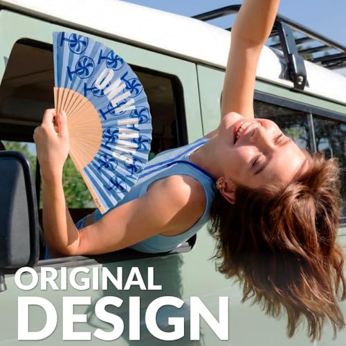 Fisura – Original Folding Fan with “Only F*ns” Message. Colorful Wooden Folding Fan in Blue with Fan Print and Strap Included. Fun Gift idea for Travel Beach Days or Summer Events. 16.7 x 9 in. - color: Only F*ns, Blue