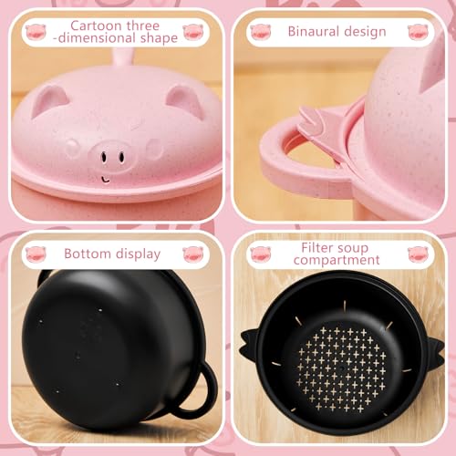 2 Sets Large 45oz Cute Pig Ramen Bowl Set Microwavable Pink, Black - color: Pink,Black