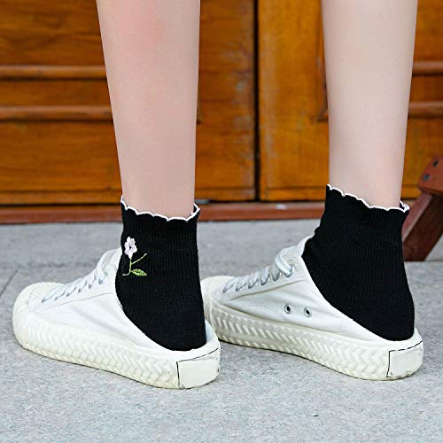 zrylibya Women Ruffle Frilly Floral Embroidery Scallop Ankle Socks 5 Pairs - color: Multicolor B