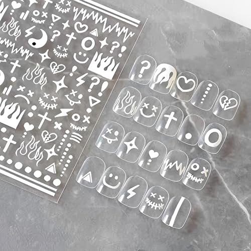 4 Colors ins Minimalist Style Nail Stickers, Simple Cat Love Stars Impressionist Drawing Line Stickers for Man Woman (4 Sheets)+Nail Sticker Specialized Tweezers - style: Flame Smile Face