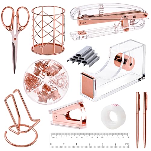 EOOUT Rose Gold Desk Accessories, Office Supplies and Accessories Set, Acrylic Stapler Set, Staple Remover, Phone Holder, Pen Holder, Scissor, Ruler, Transparent Tape - color: Rose Gold