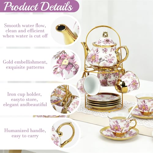 20 Pcs Porcelain Tea Set With Metal Holder,for 6 People,23.7ozTeapot