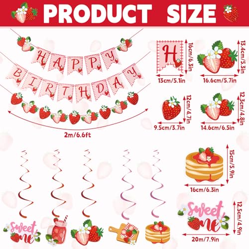 Paper Jazz Strawberry Birthday Party Decoration, Strawberry Decoration with Happy Birthday Banner and Berry Swirls, Strawberry Theme Party Supplie For First Birthday Girl Table Backdrop - color: Pink And Red