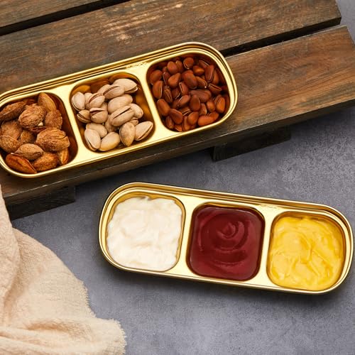 Maxcheck 12 Pcs Soy Sauce Dish Stainless Steel Divided Dip Bowls Korean 3 Compartment Sauce Plate Seasoning Dipping Condiment Tray for BBQ Vinegar Spice Salt Sugar Flavor Home Restaurant (Gold) - color: Gold
