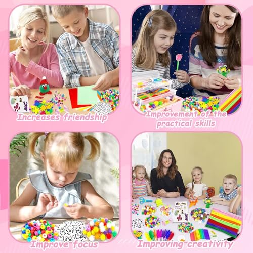 3000 Arts and Crafts Supplies for Kids Craft Kit All in 3 Layered Craft Box with Pipe Cleaners Crafts for Kids Age 4-6, 6-8, 8-12 DIY School Supplies Materials Set Toys Gifts for Girls Boys, Pink - color: pink