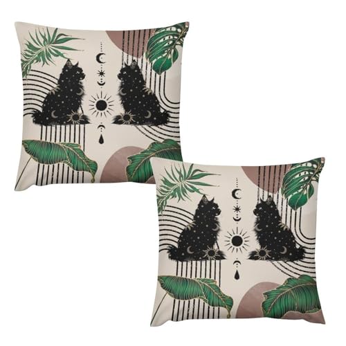 Boho Mid Century Cat Pillow Covers Retro Moon Star Leaves Black Cat Geometric 70s Vintage Home Decor Sofa Bedroom Cushion Outdoor Indoor Decorations 16 "x16 - color: Cat-1, size: 16" x 16" (Pack of 2)