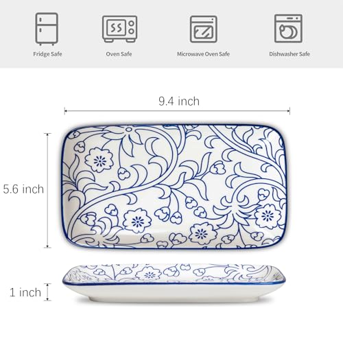 Selamica Ceramic Rectangular Salad Plates Set, Dinner Plate 9.4 Inch Dessert Plates for Party Entertaining, Small Serving Plates for Appetizers, Sushi, Fruit, Set of 4, Vintage Blue - color: Vintage Blue, size: 9.4 Inch, Set of 4