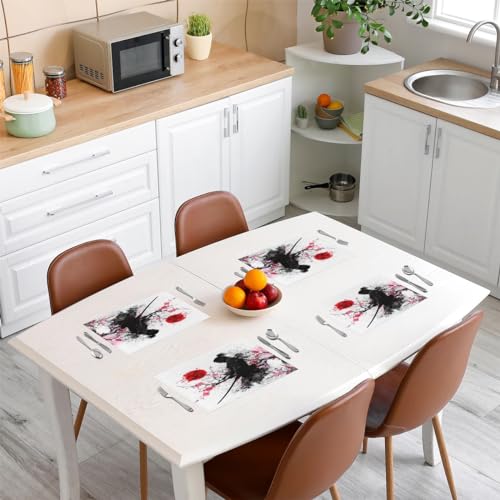 Feelyou Japanese Samurai Placemats Set of 4 Cherry Blossoms Placemat for Kitchen Dining Table 18"x12" Red Sun Pattern Home Decor Table Place Mats Fuji Mountain Indoor Outdoor Decor Table Mats - color: Black Pink