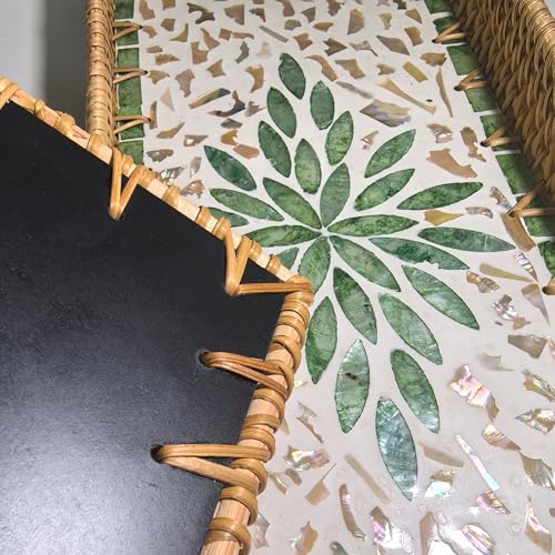 i-lan Rectangular Rattan Tray with Mother of Pearl Inlay，Rattan Bathroom Vanity Trays Long Narrow Toilet Tank Flat Basket,Decorative Hand Towel Storage Basket (Green Leaf)
