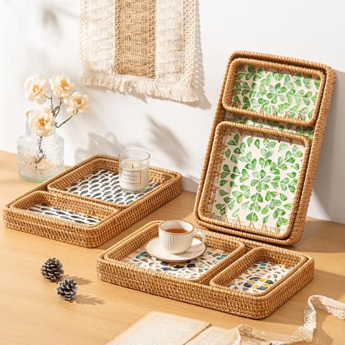 Set of 3 Rattan Serving Trays with Mother of Pearl, Terrekraft - color: Bohemian