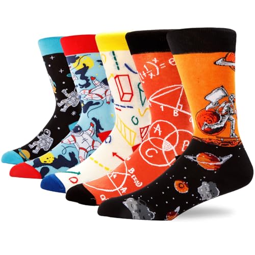 Colorful Funny Novelty Dress Socks for Men Women Teens Fathers Day Casual Fun Crazy Funky Graphic Crew Socks - color: 5 Pairs - Funny Math Space Science Astronaut Pattern Socks, size: 6-12