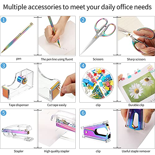 Office Supplies Set Desk Accessory Kit, Acrylic Stapler Set Staple Remover, Tape Dispenser, Binder Clips, Paper Clips, Ballpoint Pen and Scissor with 1000 Pieces 26/6 Staples (Rainbow Color) - color: Rainbow Color