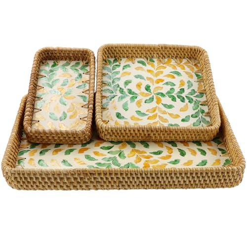 Rectangle Rattan Serving Tray with Mother of Pearl Inlay, Handwoven Wicker Tray for Frui Bread Breakfast Coffee Table Party Picnic Cafe Bedroom Kitchen Home Decor Set of 3 (Wicker Yellow Green) - color: Wicker Yellow Green
