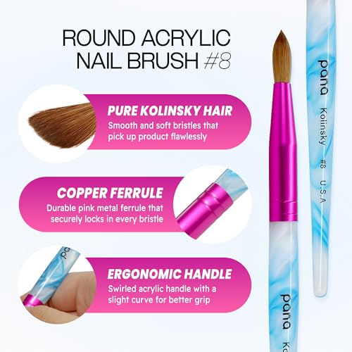 PANA USA Acrylic Nail Brush Pure Kolinsky Hair Acrylic White Swirl Blue Handle with Pink Ferrule Round Shaped - Size 8 - color: White Swirl Blue, size: Size 8