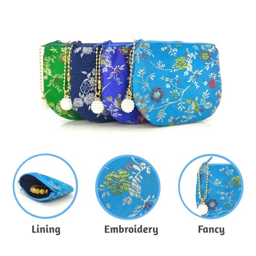 Handmade Women Coin Purse Brocade Zipper Wallet Rosary Pouch Silk Jewelry Bag - Sky Blue - color: SkyBlue