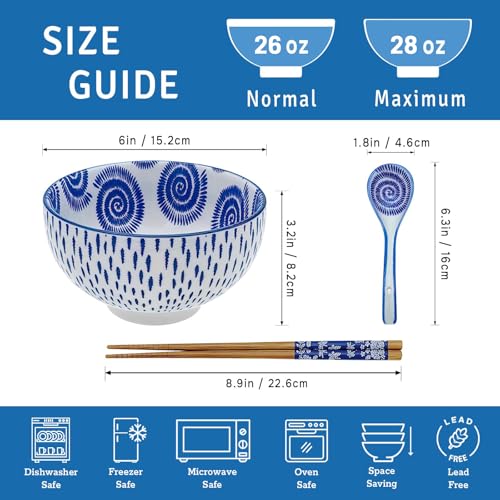 28Oz Ceramic Ramen Noodle Pho Bowl Set with Chopstick&Spoon&Gift box - size: 6in Spiral Pattern