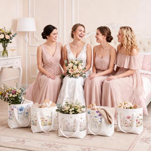 6 Pcs Mini Floral Bow Tote Bags for Women White Canvas Tote Bag Bulk Reusable Coquette Bags for Wedding Party Favor - color: Wildflower